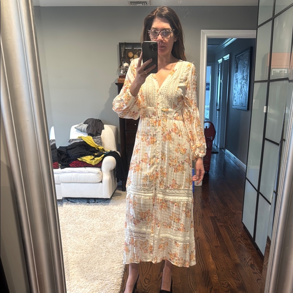 Audrey Parks Floral Cream Maxi Dress boho chic size M NWT